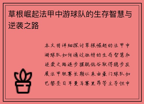 草根崛起法甲中游球队的生存智慧与逆袭之路