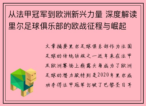 从法甲冠军到欧洲新兴力量 深度解读里尔足球俱乐部的欧战征程与崛起